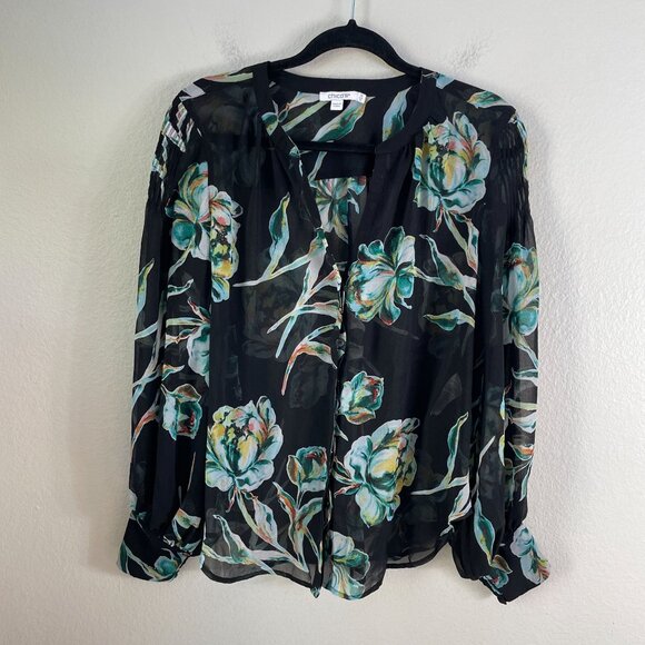Chicos Womens 10 Blouse Sheer Black Floral Long Sleeve Button Up Shirt Top - Picture 8 of 11